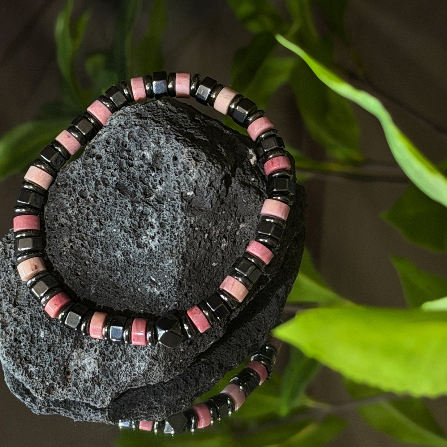 Rhodochrosite and Hematite Bracelets