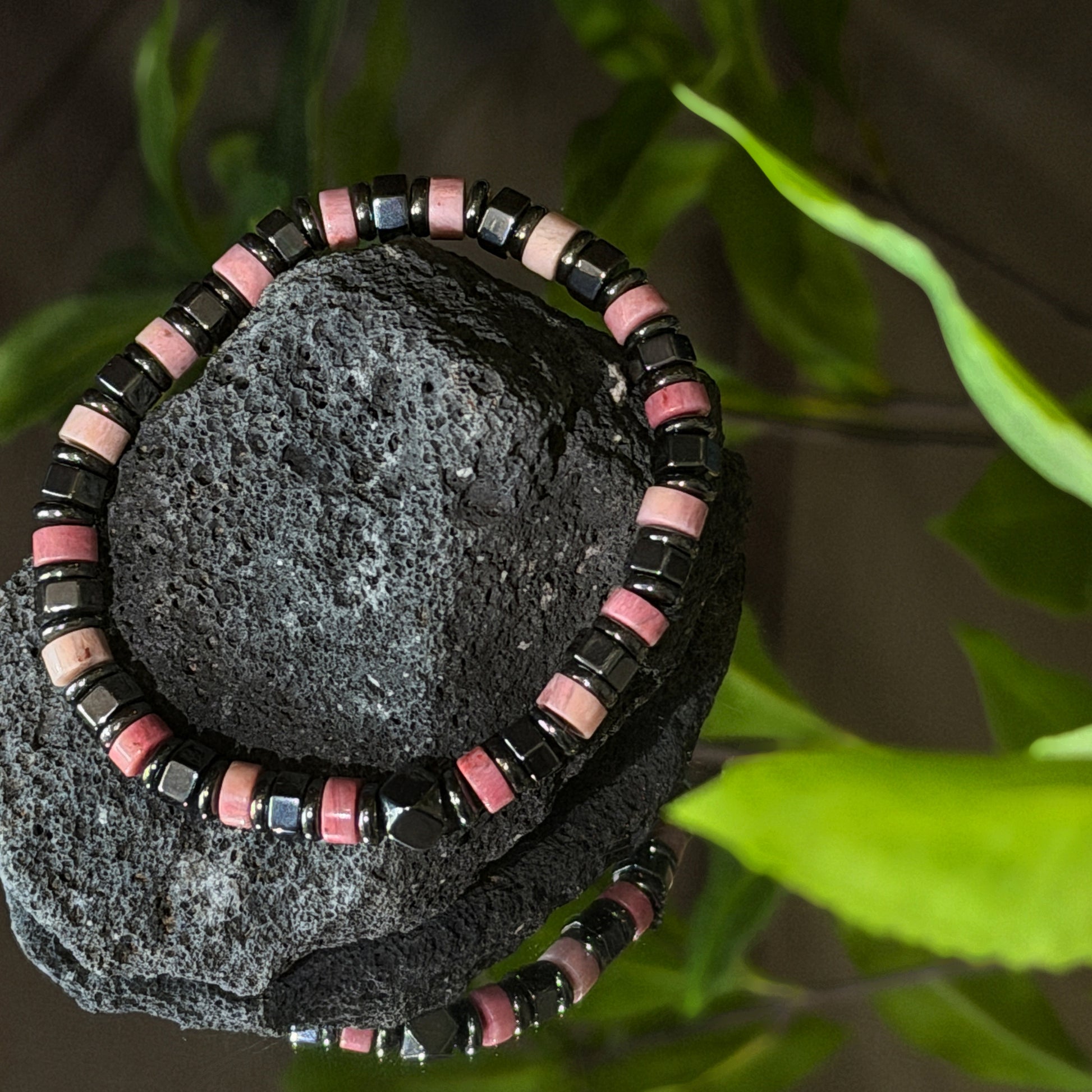 Rhodochrosite and Hematite Bracelets